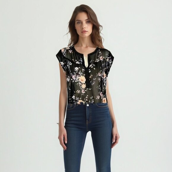 DR2 Floral Black Sheer Women's Top M - Picture 1 of 11